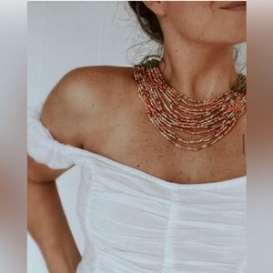 Bohemian Tribal Style Multi-Strand Beaded Necklace, coral & neutral beads, boho